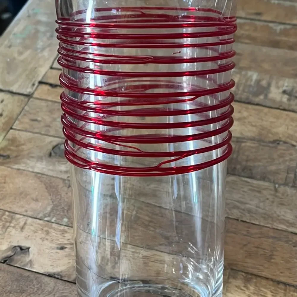 Vintage Pier 1 Imports Red Swirline Blown Glass Cylinder Art Vase 10
